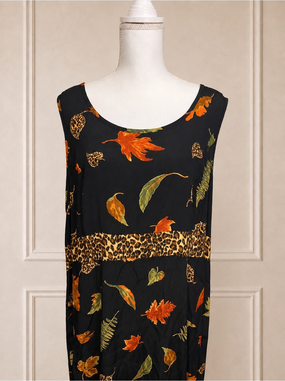 Vintage 90s CLIO 1X Black Autumn Leaf Leopard Print Rayon Maxi Dress Witchy Fall - Picture 3 of 8
